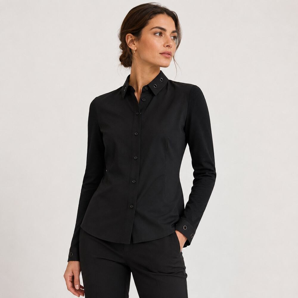 Akris Punto Black Mixed Media Grommet Blouse US Size 6 Small NWT $775 Retail